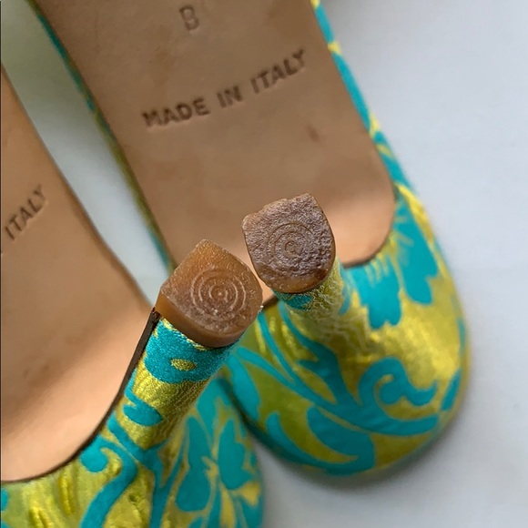 Kate Spade Bow Heel Green Blue Brocade Sandals - Picture 9 of 16